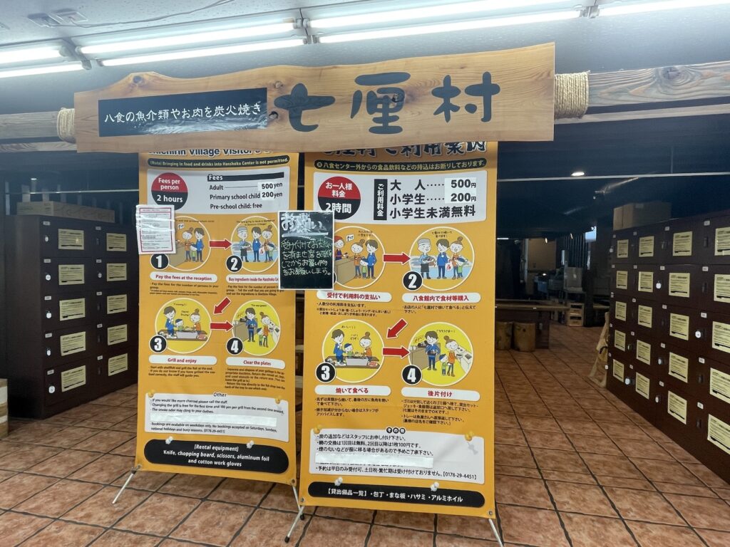 「七厘村」利用方法はこちら→①受付で利用料の支払い②八食館内で食材等購入③焼いて食べる④後片付け